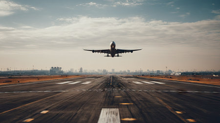 An airplane is captured mid-takeoff, positioned on a runway under a slightly overcast sky. The image showcases the aircraft's silhouette against the horizon. The composition utilizes a wide-angle perspective, emphasizing depth and scale. This scene may be suitable for illustrating concepts of travel, transportation, or aviation, with potential for commercial use.の素材