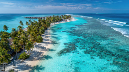 An aerial perspective showcases a tropical island fringed by white sand and lush palm trees. The scene presents vibrant turquoise waters transitioning into deeper blue hues. The composition, lit by natural daylight, evokes a sense of serenity. This image is suitable for travel, tourism, and environmental projects.の素材