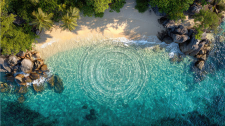 An overhead shot showcases a serene beach scene with pristine turquoise water creating concentric circles. Fine sand meets the shore and is flanked by lush green vegetation and dark rocks. The composition is well-lit and could be suitable for various commercial purposes, including travel or environmental themes.の素材
