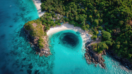 An aerial perspective showcases a tropical island encircled by vibrant turquoise waters. The island boasts dense, green vegetation and a pristine white-sand beach, contrasting with the dark circular feature in the center. The composition, lit by overhead sunlight, suggests potential uses for travel, environmental, or scenic themes.の素材
