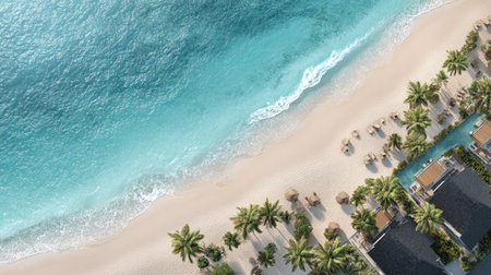 An overhead shot showcases a sandy beach meeting the clear turquoise water. The scene is illuminated by natural sunlight, revealing the textures of the sand and waves. Palm trees and other vegetation line the shore. This imagery would be suitable for various uses, including travel, vacation and nature related projects.の素材