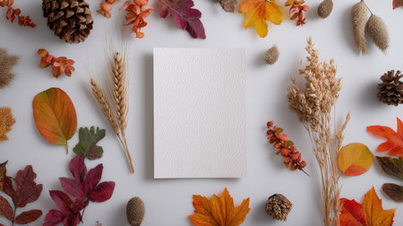 An overhead view displays a collection of fall leaves and botanical elements surrounding a blank card. Warm colors of orange, red, and yellow create a vibrant composition. Textures vary from smooth leaves to textured seed pods. The arrangement suggests a decorative or seasonal theme suitable for various commercial projects.の素材