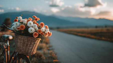 A bicycle basket overflows with white and orange flowers, positioned beside an open road. The scene is illuminated by soft sunlight and features a blurred background of mountains and a cloudy sky. This image evokes feelings of tranquility and could be used for various commercial or editorial applications.の素材