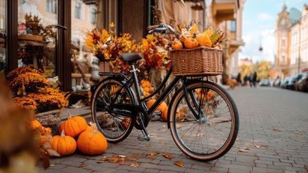 A classic bicycle is positioned on a paved street, adorned with a wicker basket filled with pumpkins and fall foliage. The scene presents a warm color palette with orange, brown, and yellow hues. The composition includes architectural elements in the background, suggesting an urban or town environment. This image could be suitable for lifestyle and seasonal commercial applications.の素材