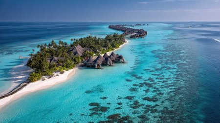 An overhead view reveals a tropical island resort surrounded by vibrant turquoise waters. The scene showcases sandy beaches, lush green vegetation, and structures. The image, with its bright natural lighting and inviting colors, is suitable for commercial uses, including travel and leisure-related projects.の素材