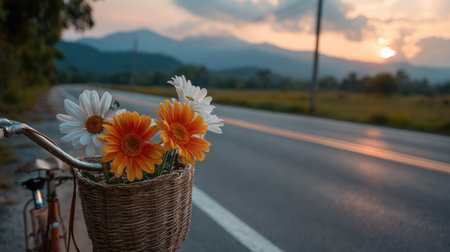 A close-up captures flowers in a basket attached to a bicycle. The image features orange and white blossoms, with a woven basket providing texture. The scene is set on a roadside, with a blurred background of mountains and a sunset sky. Suitable for editorial and commercial use, conveying travel and leisure themes.の素材