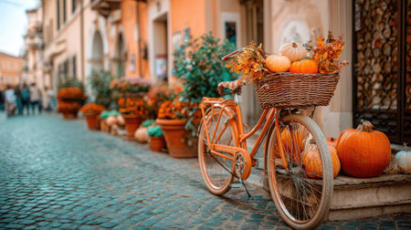 An orange bicycle sits in front of a building, its basket filled with pumpkins and autumn foliage. The scene is illuminated by daylight, showcasing an inviting composition of warm colors. The image suggests seasonal themes and could be suitable for various commercial or editorial applications.の素材