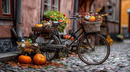 An antique bicycle, adorned with pumpkins and autumn flowers in woven baskets, stands outdoors. The scene presents warm color tones, emphasizing orange and brown hues. The composition suggests a decorative display, possibly for seasonal events. Suitable for various design applications, it conveys themes related to harvest and celebrations.の素材