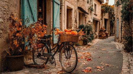 An old bicycle with a full basket of pumpkins is parked on a cobblestone street. The scene is bathed in warm sunlight, with the bike in the foreground. Buildings line the street, while autumn leaves scattered. This image could be used for various commercial projects related to the season.の素材