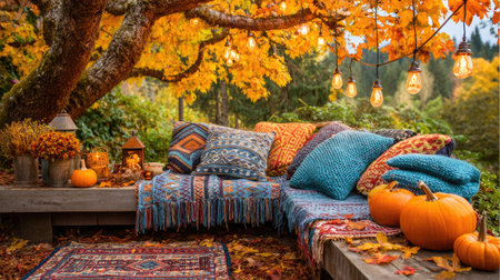 An outdoor seating area is adorned with colorful pillows, blankets, and pumpkins, set against a backdrop of autumn foliage. Warm, inviting tones dominate the scene, with oranges, yellows, and blues creating a cozy atmosphere. The composition features overhead lighting and a rug, suitable for lifestyle or seasonal imagery.の素材