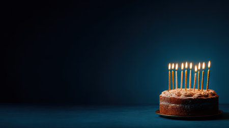 A birthday cake, adorned with burning candles, stands prominently against a deep blue backdrop. The image showcases a focused composition with soft lighting enhancing the textures of the cake. Suitable for various celebratory themes, the photograph can be utilized in both commercial and editorial contexts.の素材