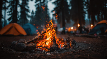A close-up view presents a vibrant campfire with flames against a blurred backdrop of tents and trees. The scene depicts an outdoor environment, possibly a forest, at dusk. This image with warm and cool tones, could be used for promoting outdoor activities, leisure, or travel themes.の素材