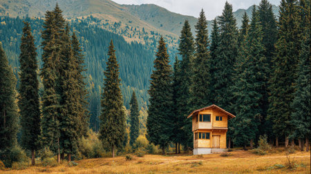 A small wooden cabin stands amid a dense forest of evergreen trees. The image showcases a natural environment, featuring rich green foliage, varying shades of brown and yellow. The lighting suggests daytime and the scene implies a tranquil, outdoor setting, suitable for illustrating travel or nature themes.の素材