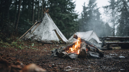 A campfire is the focal point of this image, with flames rising. Two tents are visible in the background, set amongst dense trees. The color palette leans towards earthy tones and grays with a touch of orange from the fire. The overall tone suggests an outdoor adventure setting, which could be used for editorial and commercial content.の素材
