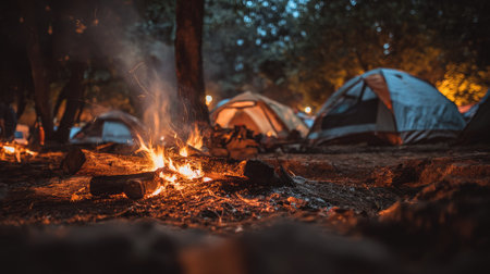 A campfire flames in the foreground with several tents visible in the background, suggesting a camping setting. The scene features warm colors and low lighting. The composition implies an evening or nighttime setting. This image may be suitable for outdoor recreation, travel, or adventure-themed projects.の素材