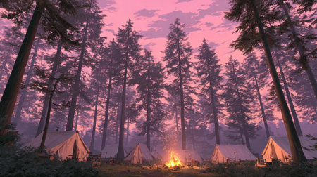 An outdoor camping scene showcases several tents set up in a forest environment. A campfire illuminates the foreground as dusk paints the sky with vibrant pink and purple hues. The composition is a wide shot, featuring tall trees silhouetted against the colorful backdrop. This image may be suitable for travel, tourism, or outdoor recreation content.の素材