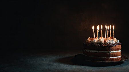A chocolate cake topped with multiple lit candles sits on a dark plate against a dimly lit backdrop. The layered dessert features cream and sprinkles. The composition emphasizes the glowing candles and contrasts with the shadows, suitable for various celebratory or symbolic uses.の素材