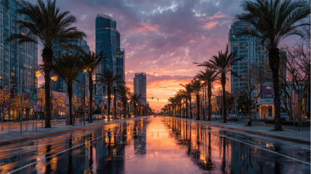 A city street is shown with palm trees along both sides reflecting the vibrant sunset colors. Buildings rise in the background, set against a sky of orange, purple, and blue hues. The composition features a symmetrical perspective and could be used for various commercial or editorial purposes, representing urban landscapes.の素材