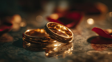 Two golden wedding rings are the primary focus, positioned closely together. The rings sit on a reflective surface, and rose petals add a touch of romance. The composition utilizes selective focus and warm lighting. It can be used in a variety of commercial and editorial contexts related to marriage or love.の素材