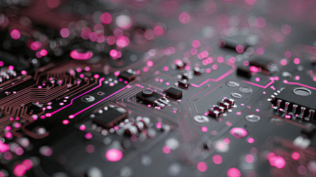 This image presents a close-up view of a circuit board, featuring intricate electronic components and pathways. Pink and purple lighting accents the design, creating a futuristic aesthetic. The composition emphasizes detail, suitable for visualizing technology and design concepts. Potential uses include illustrative material for presentations and editorials.の素材