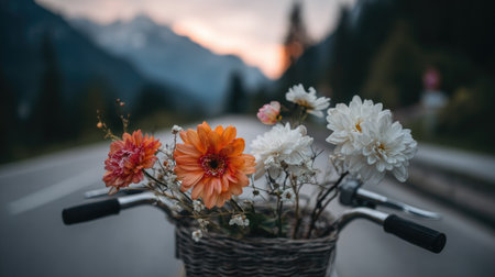 A bicycle basket brimming with colorful flowers takes center stage, set against a softly blurred backdrop. The composition showcases various blooms in shades of orange and white. The outdoor scene, captured with selective focus, evokes a sense of tranquility and could be suitable for lifestyle or decorative purposes.の素材