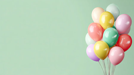 A collection of multicolored balloons are presented against a pastel green backdrop. The arrangement features varied shapes and shiny surfaces. The composition utilizes a focus on visual appeal, with potential applications for celebratory events or designs for marketing content.の素材