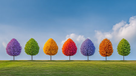 A row of trees with vibrant foliage stands on a green grassy hill under a bright blue sky with white clouds. The trees display different colors, creating a visually striking landscape. This image's composition and color palette are suitable for various applications, including advertising, editorial content, and decorative purposes.の素材