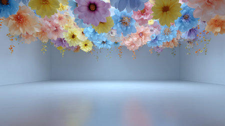 A vibrant assortment of colorful flowers adorns the upper portion of a minimalist white interior, possibly a studio setting. The image displays diverse floral hues and a reflective floor, suggesting a soft lighting arrangement. Suitable for use in various visual communications, the image presents a clean and modern aesthetic.の素材