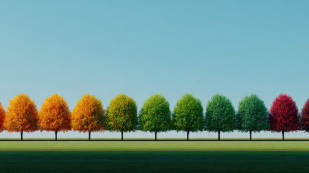 A row of trees displays seasonal color variations against a bright blue sky. The image features a vibrant palette of red, orange, yellow, and green hues, and a smooth composition. The scene suggests an outdoor setting, likely a field or park, suitable for various editorial and commercial applications.の素材