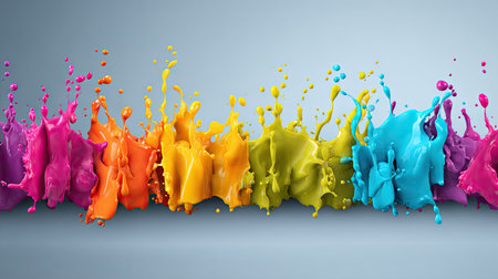 A vibrant display of multicolored paint splashes is showcased against a soft, neutral backdrop. The composition features a horizontal arrangement of dynamic liquid forms with a variety of bold hues. This image is suitable for use in advertising, web design, or editorial projects requiring a visual element.の素材