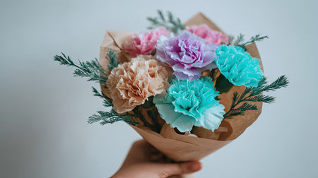 A close-up view displays a hand holding a bouquet of vibrant carnations. The flowers, in shades of pink, purple, and teal, are wrapped in brown paper. The composition is set against a soft, white backdrop, suggesting indoor lighting and a neutral environment. This image is suitable for various commercial uses, including editorial and promotional content.の素材