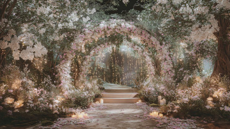 An inviting archway is adorned with delicate flowers and foliage, creating a romantic atmosphere. Soft lighting enhances the magical ambiance within the forested area. The image highlights a pathway leading towards the unknown, suitable for various editorial and commercial applications. The composition may be used for event promotion or fantasy-related content.の素材
