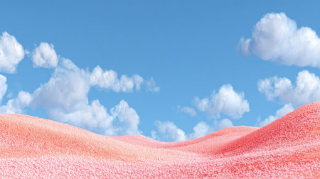 This image presents a serene landscape featuring rolling pink hills set against a vivid blue sky dotted with soft white clouds. The composition has a dreamlike quality, with smooth textures and gentle lighting. This visually appealing scene could be used for various commercial projects, including advertising or editorial content.の素材