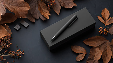 A close-up captures a black pen atop a rectangular black box, surrounded by dried brown leaves and berries. The composition features a shallow depth of field, with the pen and box in sharp focus. The lighting appears soft and natural, suggesting a studio setup. Suitable for editorial use, product presentation, or advertising material.の素材