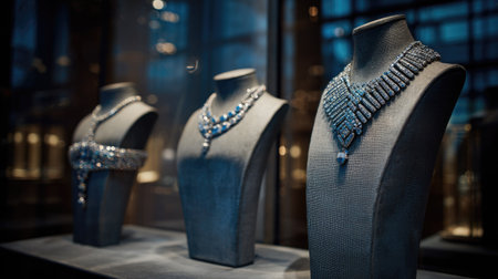An interior shot features three mannequins showcasing necklaces. The jewelry glistens, reflecting light within a display case. The composition uses a shallow depth of field, emphasizing the jewelry's detail against a blurred background. Suitable for promotional materials or editorial content related to luxury items.の素材