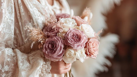 A close-up view displays a floral arrangement featuring roses in shades of pink, white, and peach. The bouquet is held by a person. The image uses soft lighting to highlight the textures of the petals and the details of the lace dress. This visual could be used for lifestyle or decorative purposes.の素材