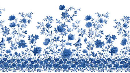 An ornamental floral border features detailed blue flowers with various blooms, leaves, and a few birds against a white backdrop. The composition is a flat lay with symmetrical arrangement, suggesting a sense of order. The design is suitable for use in print, web, or decorative applications.の素材
