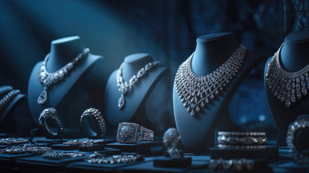 An array of necklaces, bracelets, and rings are displayed. The jewelry glistens with silver and white stones against a dark blue backdrop. The composition features soft lighting that highlights the intricate details and design. The image is suitable for various commercial uses, including advertising and editorial content.の素材