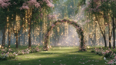 A vibrant archway adorned with flowers stands center stage, framed by trees and foliage in this picturesque forest scene. The image showcases soft, warm lighting and a dreamy atmosphere. This composition could be used in design projects, advertising, or as an appealing visual element for various creative purposes.の素材