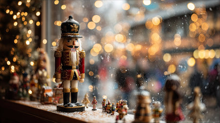 A classic wooden nutcracker stands prominently amidst holiday decorations in this image. Soft focus and warm bokeh lighting create a festive atmosphere. The composition includes miniature figurines and blurred elements in the background, offering potential for commercial and editorial applications.の素材