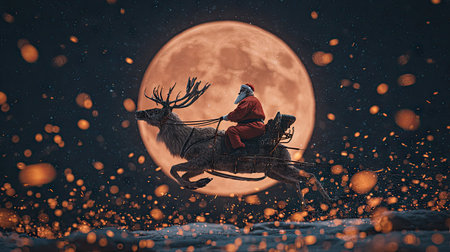 A person in a red suit rides a reindeer against a backdrop of a large, full moon. The image features a dark sky with twinkling lights, suggesting a night scene. The artistic style is highly detailed, with rich colors and textures. This image could be used for various commercial or editorial applications.の素材