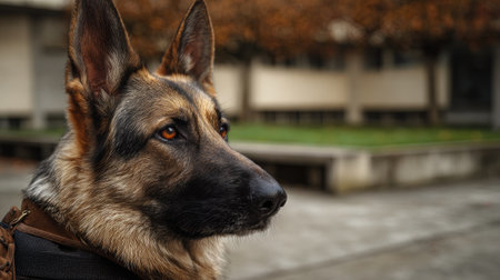 A close-up portrait showcases a German Shepherd dog outdoors, set against a blurred background. The dog features a distinctive black and tan coat, brown eyes, and attentive expression. Natural lighting illuminates the scene, enhancing the textures and details. This image is suitable for commercial and editorial applications.の素材