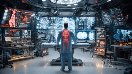 A medical professional stands in a futuristic, technology-filled laboratory, analyzing a human skeleton projected onto their back. The room is illuminated by multiple screens displaying medical imagery. The scene features a cool color palette with highlights, suggesting advanced diagnostics. This image is suitable for medical publications and innovative healthcare concepts.の素材