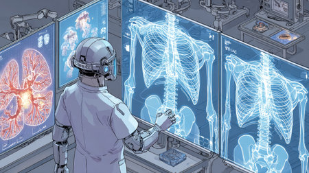 A robotic figure examines digital displays showcasing anatomical imagery within a clinical environment. The illustration features a cool color palette with prominent blue and white hues, suggestive of advanced technology. The composition employs a perspective view, potentially applicable for healthcare, research, or technological advancement projects.の素材