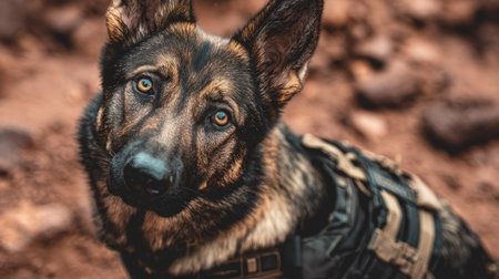 A close-up portrait showcases a German Shepherd, its attentive eyes and detailed fur patterns drawing focus. The dog, likely in an outdoor environment, features a rugged vest. Its stance suggests alertness. This image may be suitable for various editorial or commercial applications, offering visual appeal.の素材