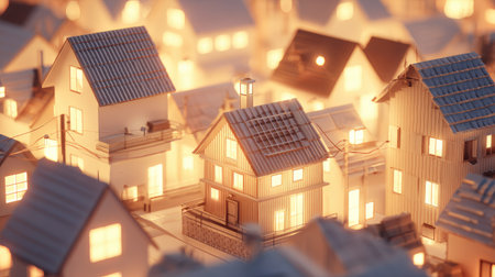 A collection of small houses are illuminated by warm light. The houses have a simple architectural style. The scene suggests a cozy or welcoming environment, potentially representing community or residential living. Suitable for use in visual projects such as advertising or editorial content.の素材