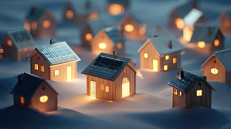 Numerous miniature houses, each illuminated from within, are set amidst a snowy landscape. The wooden structures feature rooftops with solar panels, suggesting a focus on sustainable energy. The scene is bathed in a soft light, possibly indicating a nighttime or evening setting, suitable for various editorial and commercial applications.の素材