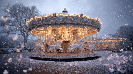A carousel with illuminated horses is the focal point of the image. The scene is set outdoors during a snowy evening, with soft lighting and a blurred background. The carousel is the main subject. The image's ethereal quality makes it suitable for various creative or commercial projects.の素材