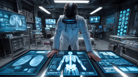 A medical professional stands before a series of illuminated holographic displays. The scene is set in a modern, technology-driven laboratory with blue and white tones. The composition includes multiple screens displaying medical data. This image could be used for various healthcare publications and technological advancements.の素材