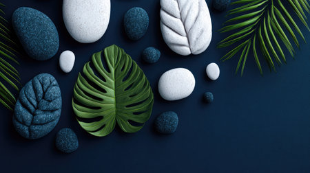 An overhead view displays a composition of smooth stones and lush green leaves against a deep blue backdrop. The arrangement highlights various textures and forms. This image could be suitable for use in design projects, presentations, or various editorial and commercial applications. The lighting creates subtle shadows.の素材